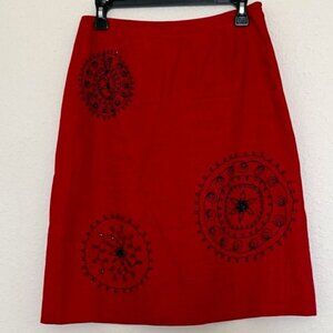 Ann Taylor Linen Red Skirt black embroidery Size 6P